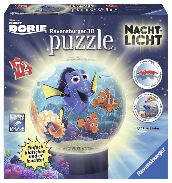 Ravensburger 3D-Puzzle 12189 - Findet Dorie - 3D Puzzle-Ball, 72-teilig Nachtlicht