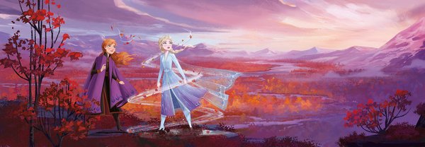 Disney Komar Fototapete : Frozen Panorama Anna und Elsa im magischen Herbstwald